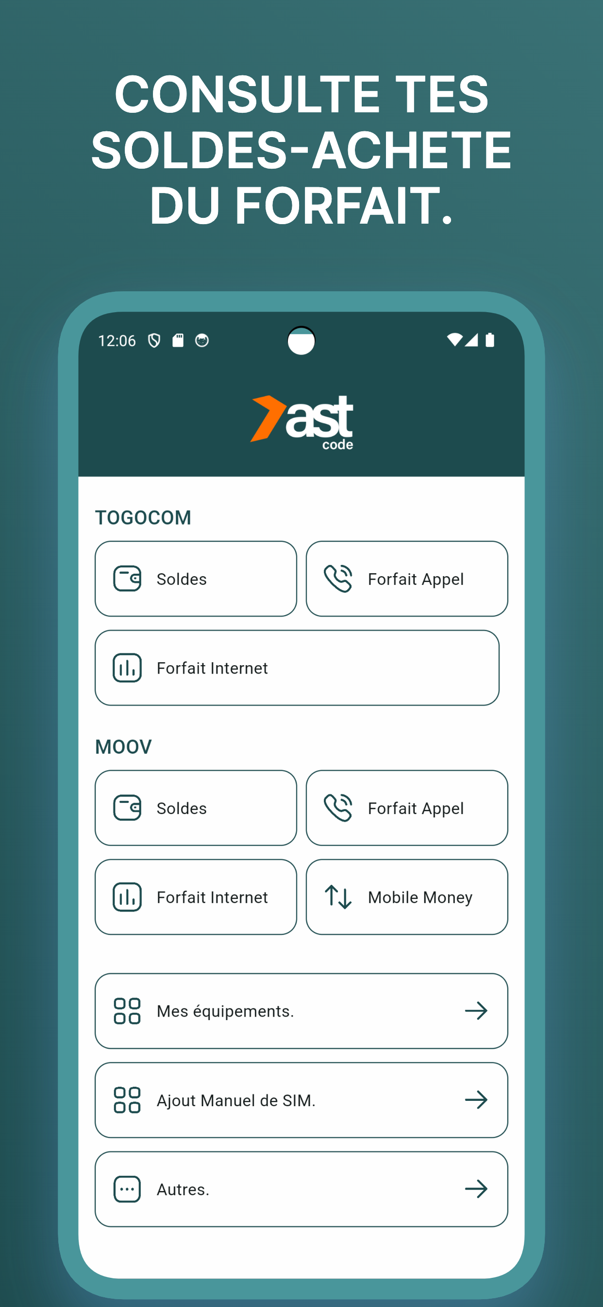 Capture d'ecran FastCode - Interface principale avec codes USSD Togo